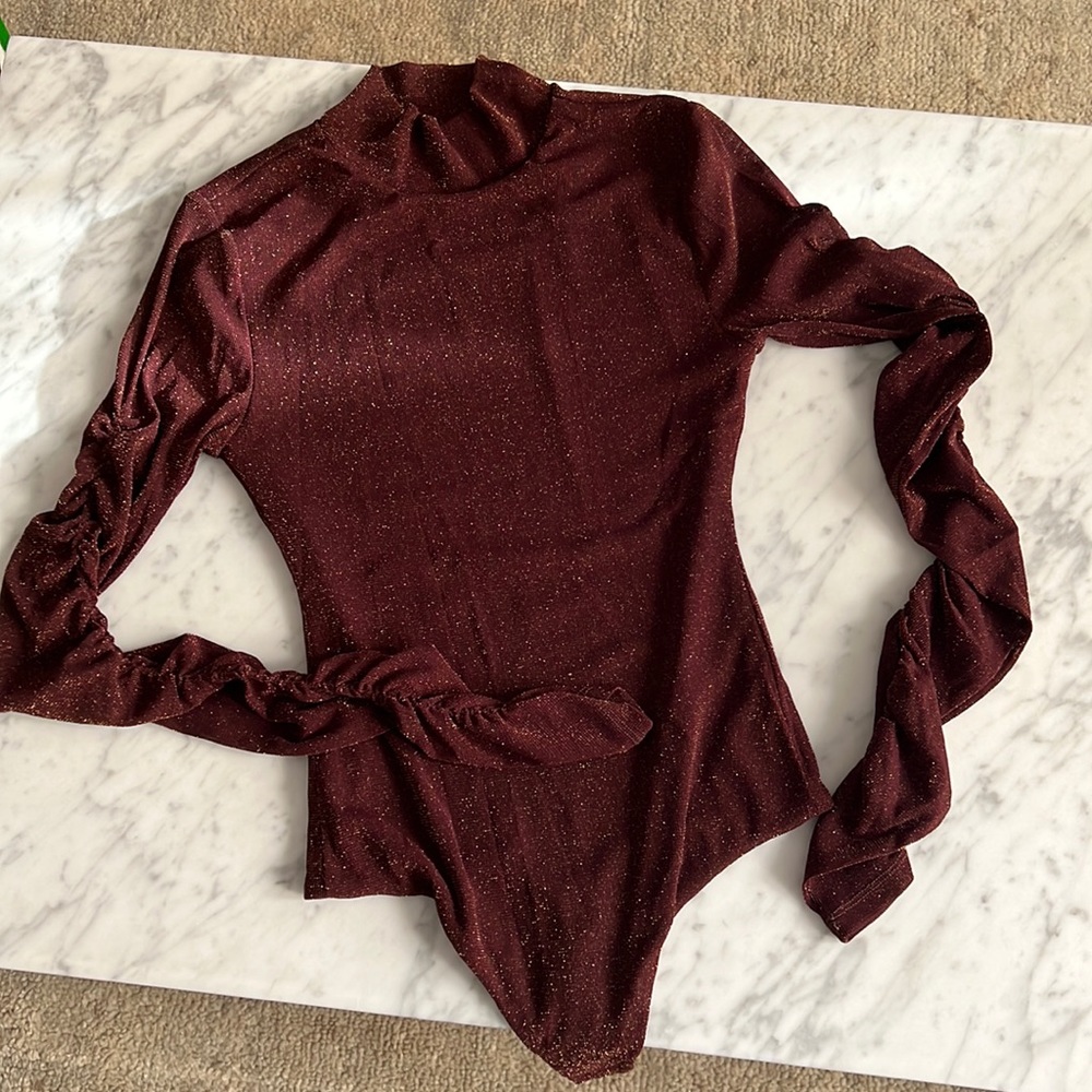House of Harlow 1960 Burgundy Sparkle Long Sleeve Bodysuit